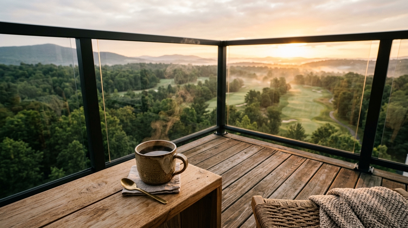 Morning coffee on balcony deck overlooking golf greens