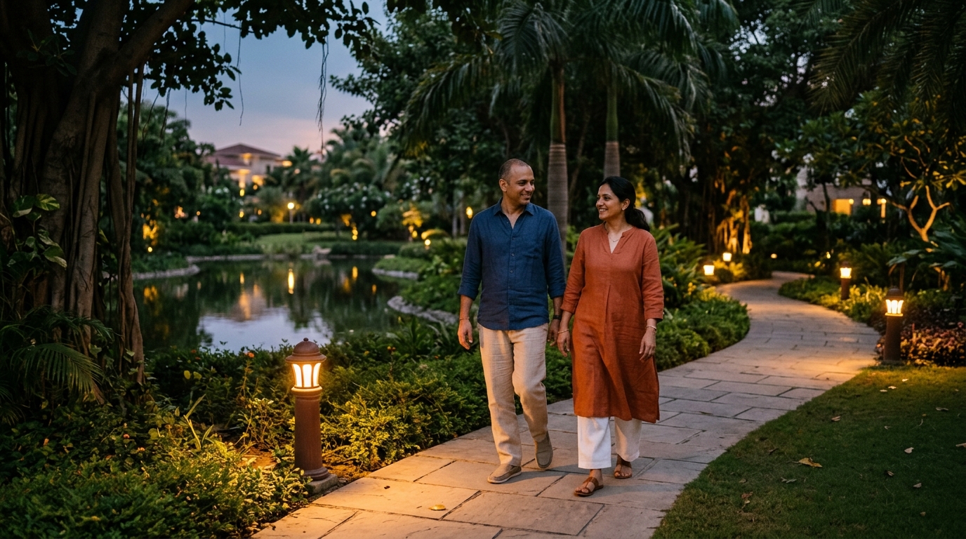 Couple walking quietly by lantern-lit water path